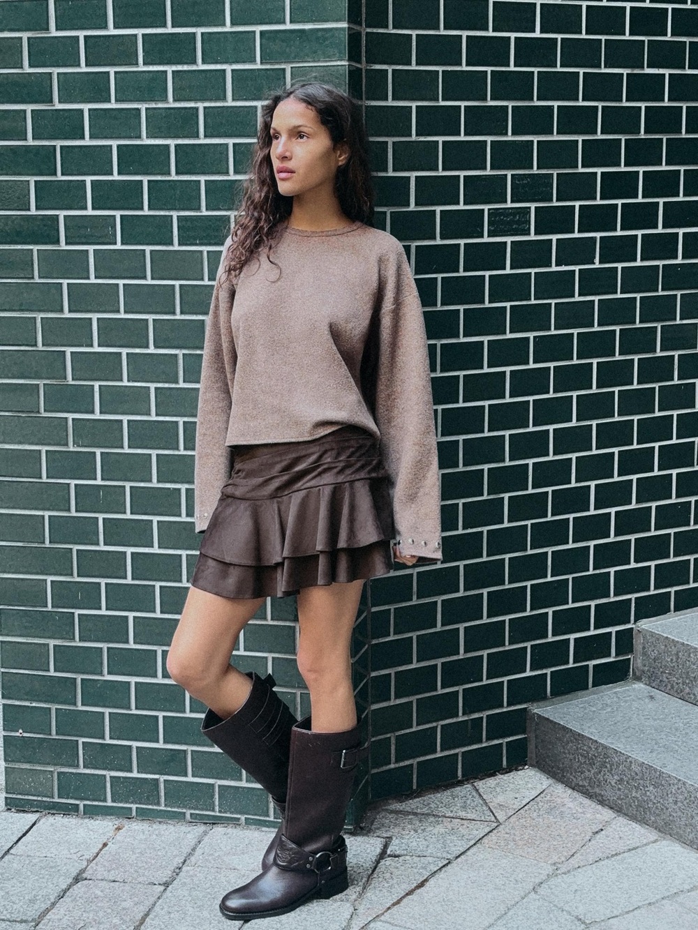 Zara Faux Suede Brown Ruffle Mini Skirt, Size XS
